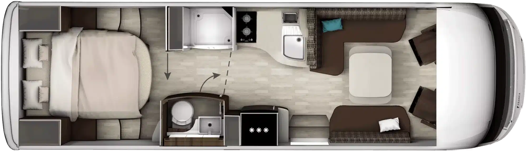 Grundriss des FRANKIA PLATIN I 8400 mit Doppelbett, Bad, Küche und Sitzgruppe