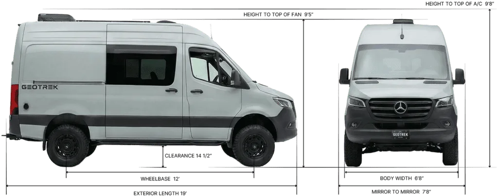 Geotrek Convoy Off-Grid-Camper-Van in Seiten- und Frontansicht