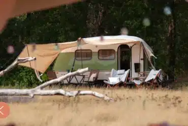 Wohnwagen mit ausgefahrenem Vorzelt, Campingmöbeln und Sitzbereich am Waldrand