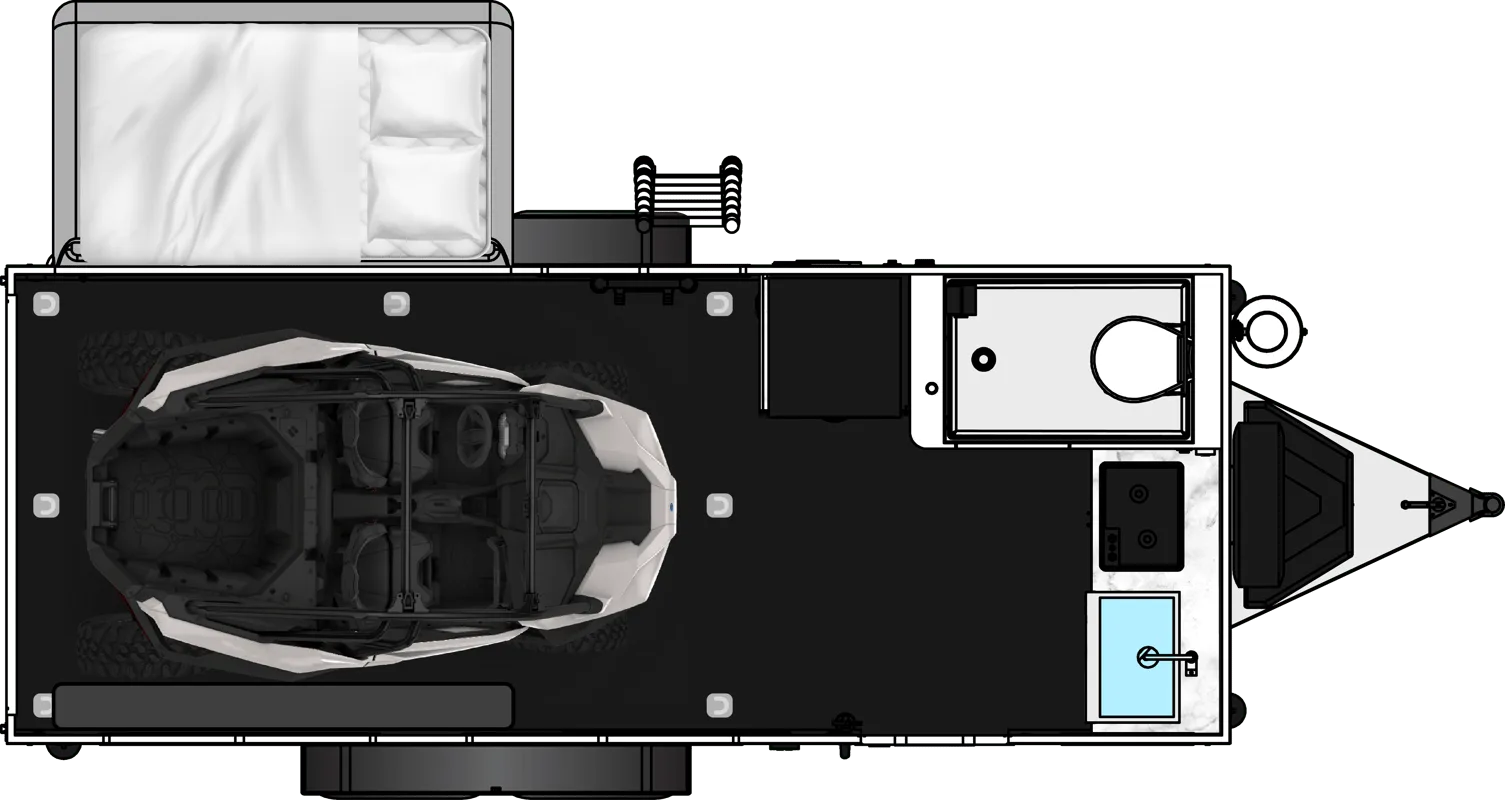 Draufsicht auf den Grundriss des inTech Flyer Forge mit Side-by-Side in der Garage, Bett, Nasszelle und Küche