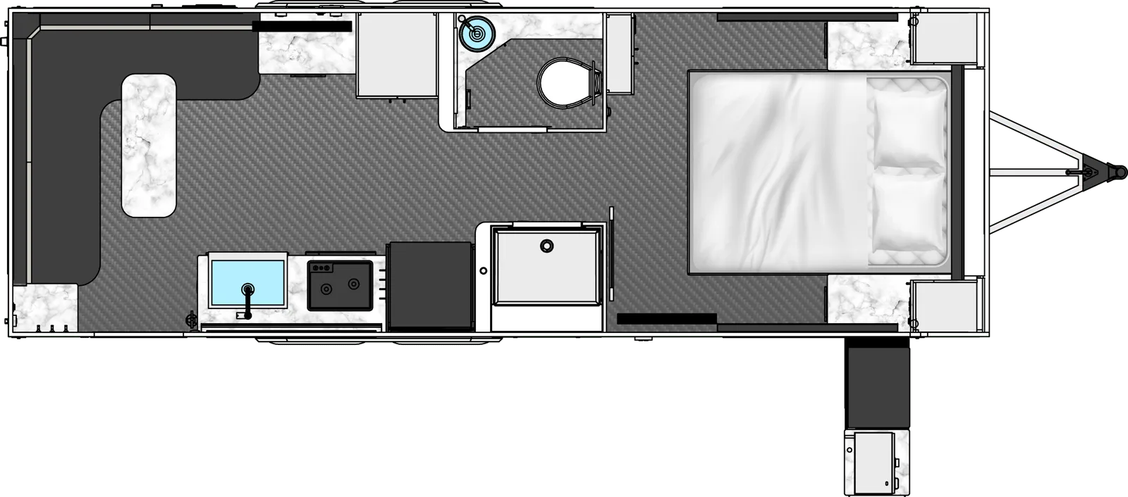 Grundriss des inTech O-V-R Navigate mit Wohnbereich, Küche, Bad und Schlafzimmer