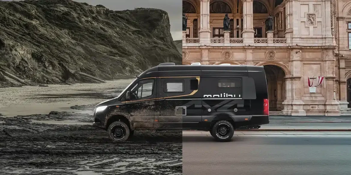 Schwarzer Malibu genius performance 4x4 Reisemobil-Van mit Allradoptik in einer geteilten Landschaftsaufnahme