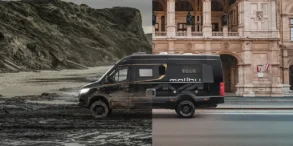 Schwarzer Malibu genius performance 4x4 Reisemobil-Van mit Allradoptik in einer geteilten Landschaftsaufnahme