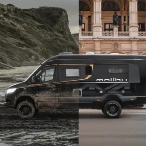 Schwarzer Malibu genius performance 4x4 Reisemobil-Van mit Allradoptik in einer geteilten Landschaftsaufnahme
