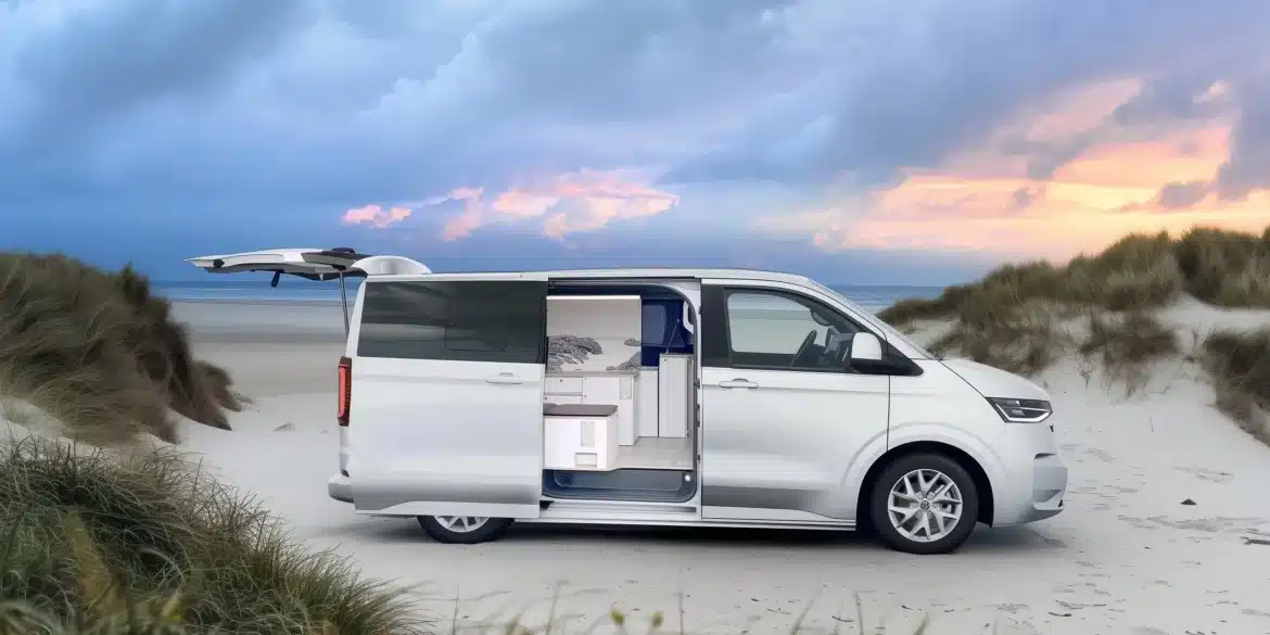 Weißer VW Transporter Camper mit geöffneten Türen und sichtbarem Innenausbau an einem Sandstrand