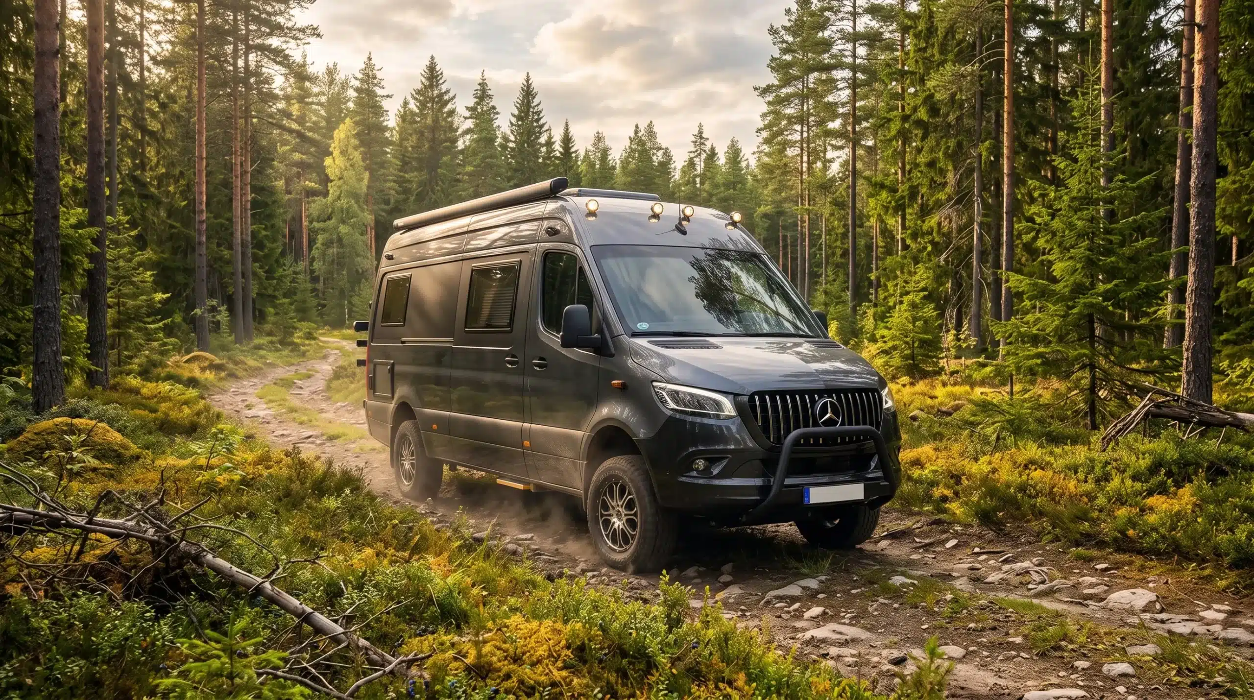 Dunkler Campervan auf einem steinigen Waldweg zwischen Nadelbäumen