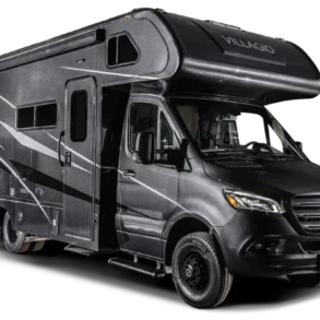 Schwarzes Renegade Villagio 2027 Reisemobil auf Mercedes-Benz Sprinter-Basis in dreiviertel Vorderansicht