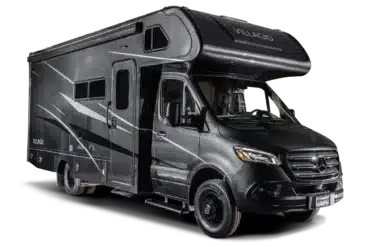 Schwarzes Renegade Villagio 2027 Reisemobil auf Mercedes-Benz Sprinter-Basis in dreiviertel Vorderansicht