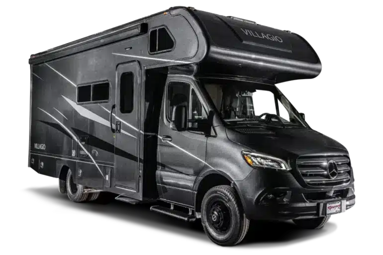 Schwarzes Renegade Villagio 2027 Reisemobil auf Mercedes-Benz Sprinter-Basis in dreiviertel Vorderansicht