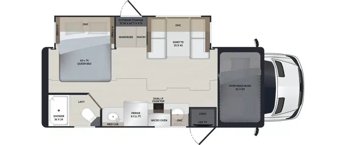 Grundriss des Renegade Villagio 2027 mit Queen-Bett, Dinette, Küche, Bad und Hubbett