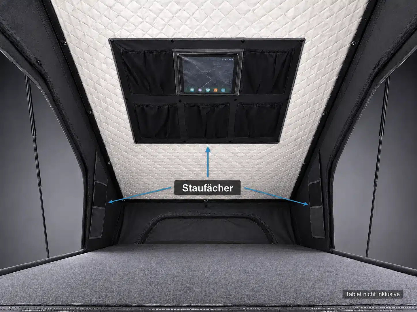 Innenansicht des RX-140 Dachzelts mit Staufächern, Tabletfach und Matratze