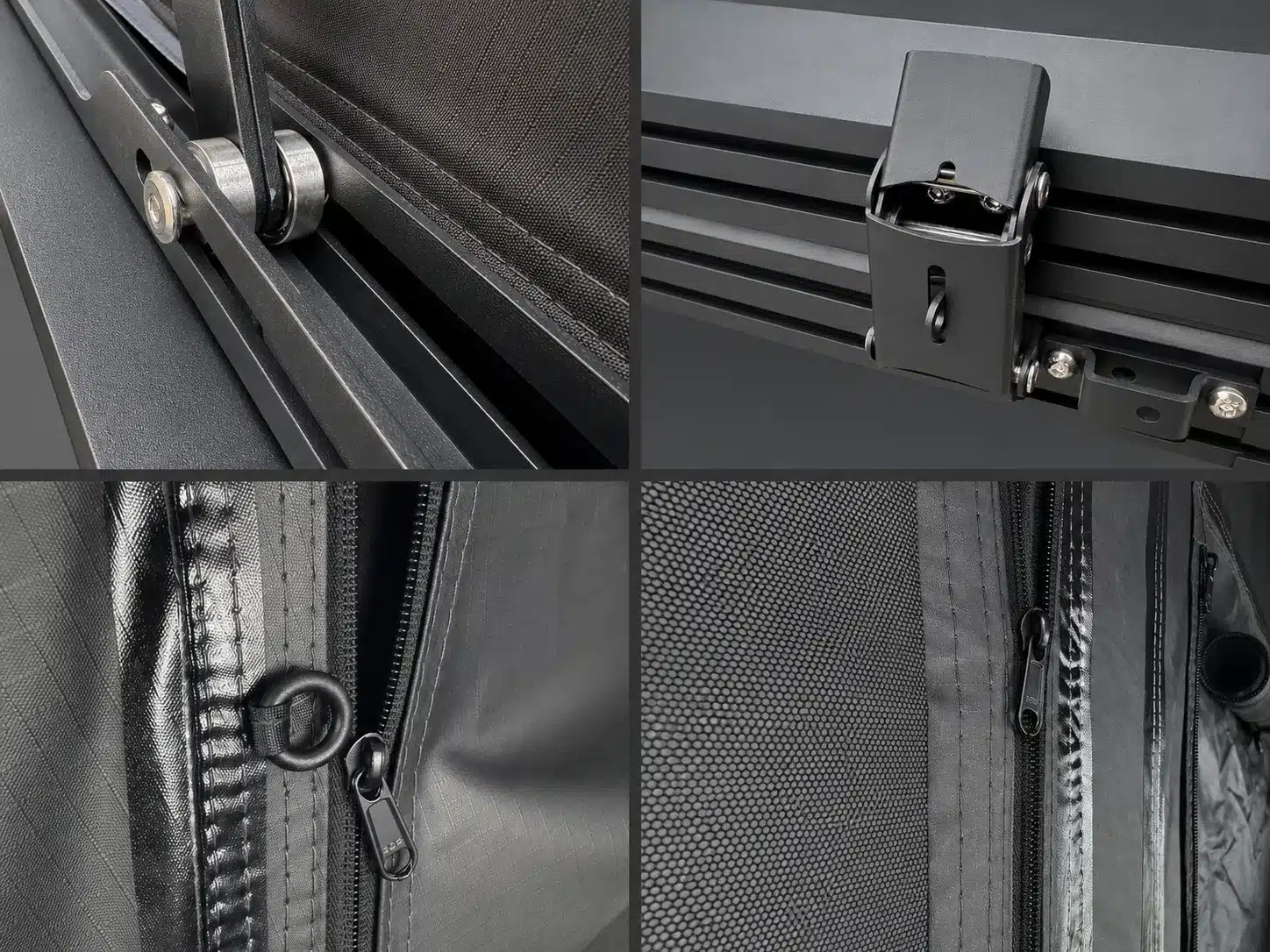 Detailansicht des RX-140 Aluminium-Hartschalen-Dachzelts mit X-Scharnier, Befestigungselementen, Reißverschlüssen und Moskitonetz