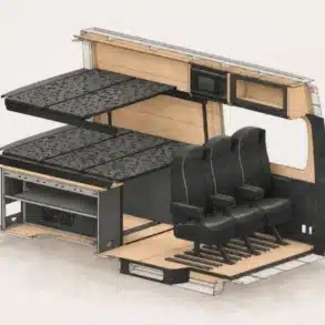 Illustration des VanCraft Strata mit modularem Bett, mehreren Sitzen und Innenausbau im Campervan