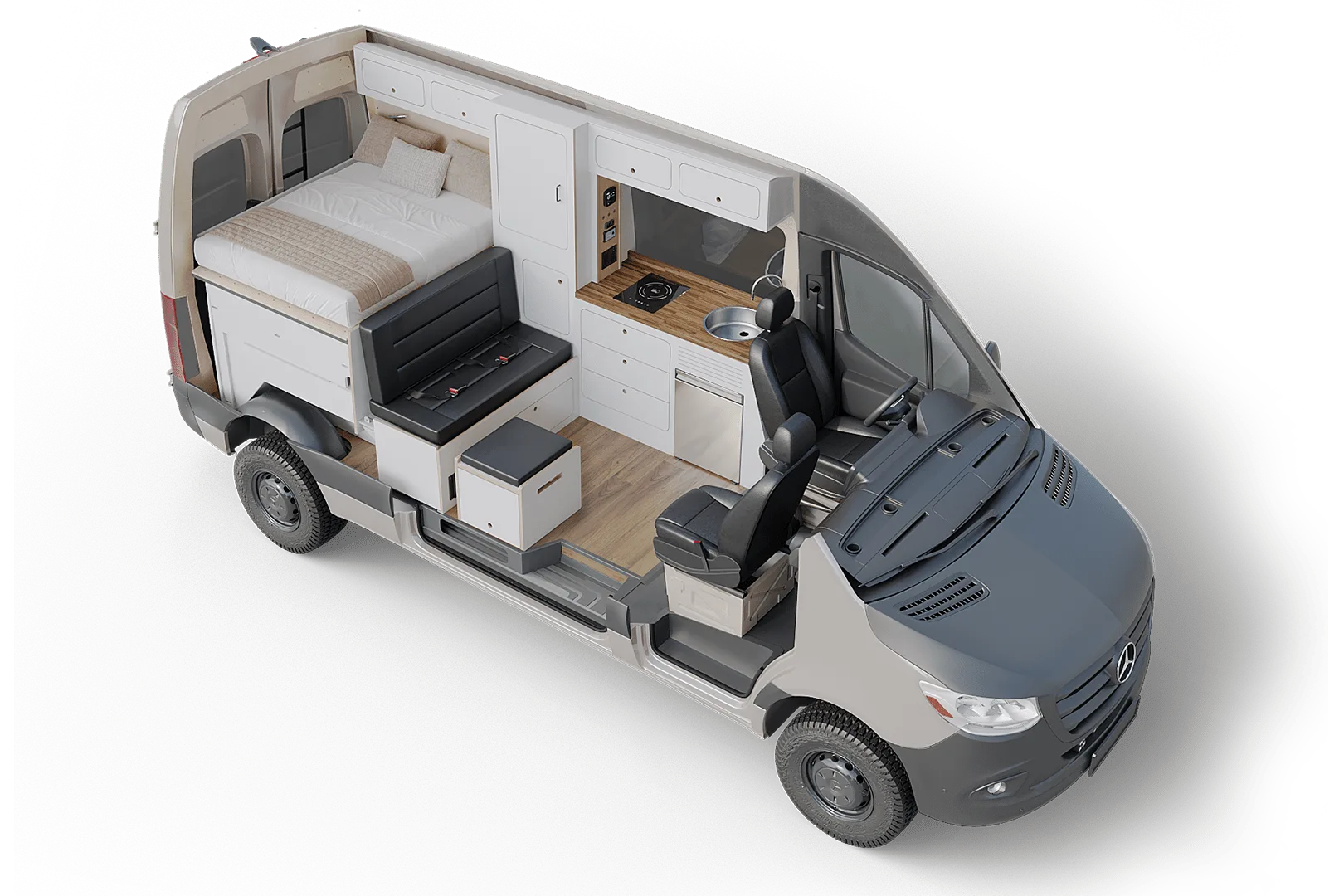 Innenansicht des VanCraft Waypoint auf Mercedes-Sprinter-Basis mit Bett, Küche, Sitzbank und Fahrerhaus