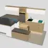 3D-Innenansicht eines VANTRA Aire Campervan-Ausbaus mit Küche, Induktionskochfeld, Spüle, Kühlschrank, Bett und Sitzbank