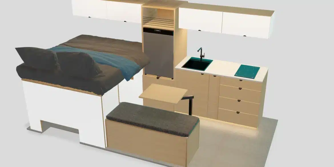 3D-Innenansicht eines VANTRA Aire Campervan-Ausbaus mit Küche, Induktionskochfeld, Spüle, Kühlschrank, Bett und Sitzbank