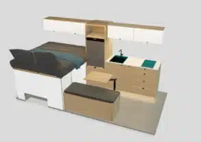 3D-Innenansicht eines VANTRA Aire Campervan-Ausbaus mit Küche, Induktionskochfeld, Spüle, Kühlschrank, Bett und Sitzbank