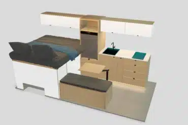 3D-Innenansicht eines VANTRA Aire Campervan-Ausbaus mit Küche, Induktionskochfeld, Spüle, Kühlschrank, Bett und Sitzbank