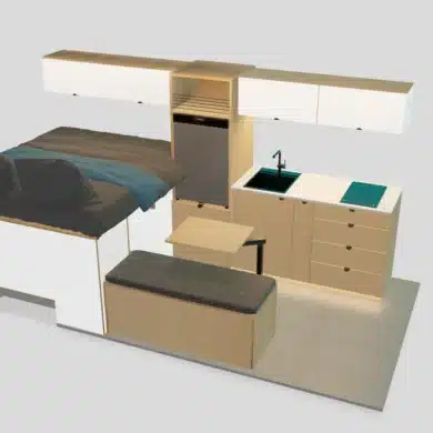 3D-Innenansicht eines VANTRA Aire Campervan-Ausbaus mit Küche, Induktionskochfeld, Spüle, Kühlschrank, Bett und Sitzbank