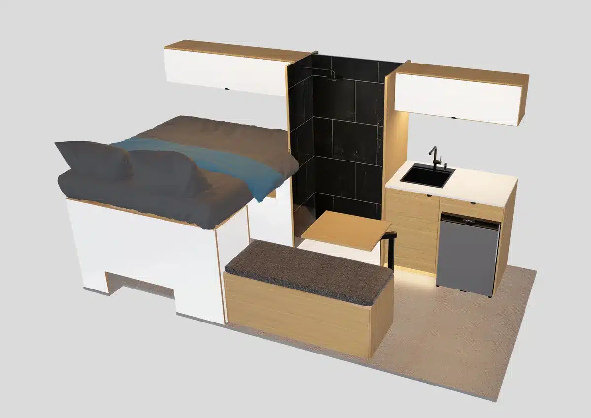 3D-Ansicht eines Campervan-Innenraums mit Bett, Küche, Spüle und schwarzer Nasszelle