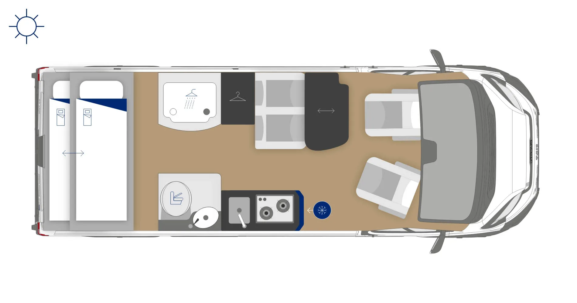 Grundriss des Westfalia Nansen 600L mit Etagenbetten, Raumbad, Küche und Sitzbereich