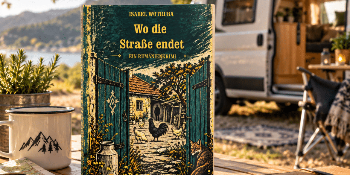 Rumänienkrimi „Wo die Straße endet“ auf einem Campingtisch, im Hintergrund ein Camper in der Natur