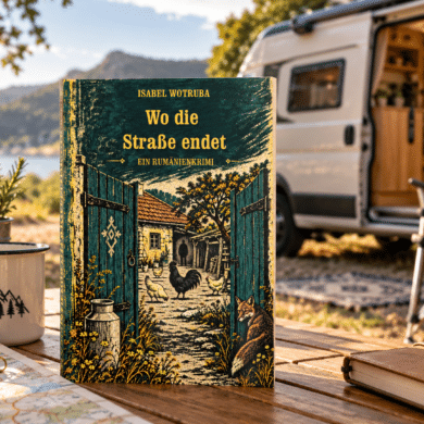 Rumänienkrimi „Wo die Straße endet“ auf einem Campingtisch, im Hintergrund ein Camper in der Natur
