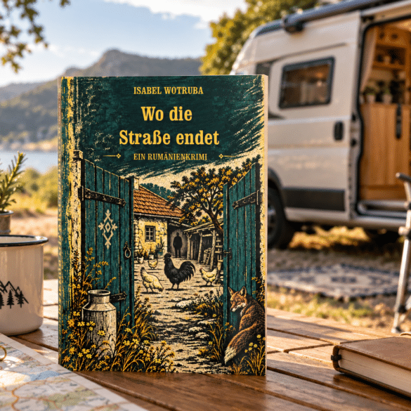 Rumänienkrimi „Wo die Straße endet“ auf einem Campingtisch, im Hintergrund ein Camper in der Natur