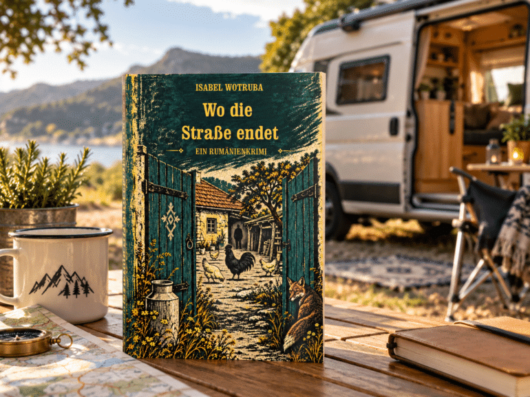 Rumänienkrimi „Wo die Straße endet“ auf einem Campingtisch, im Hintergrund ein Camper in der Natur