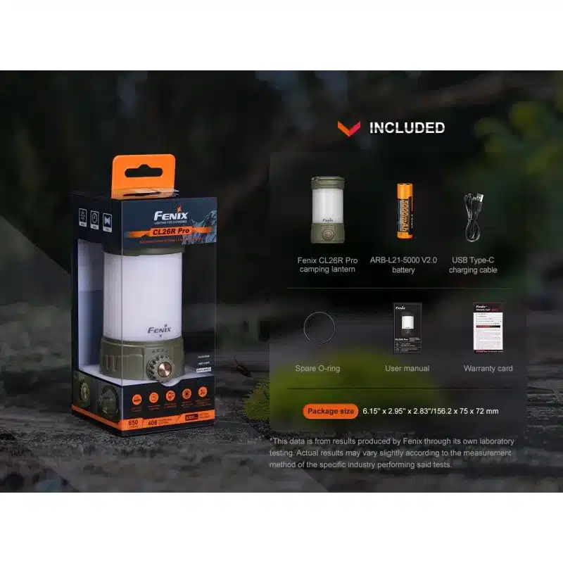 Fenix CL26R Pro LED-Campingleuchte mit Akku, USB-C-Ladekabel und weiterem Zubehör