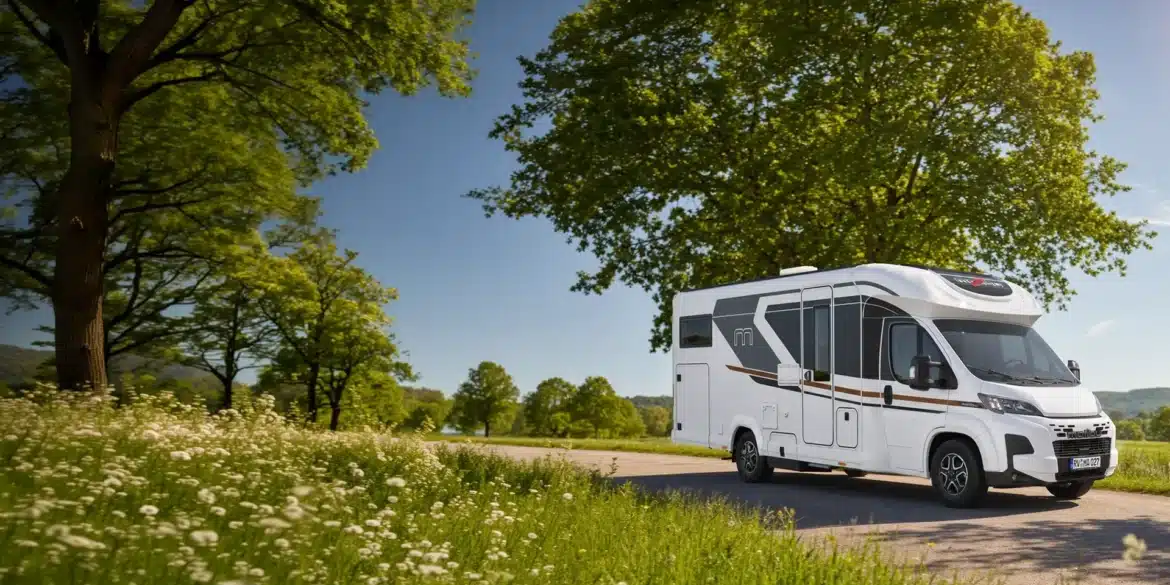 Weißes teilintegriertes Malibu Edition+ Wohnmobil auf einer Landstraße vor grüner Landschaft