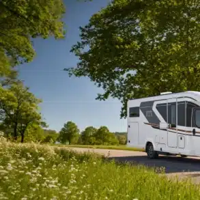 Weißes teilintegriertes Malibu Edition+ Wohnmobil auf einer Landstraße vor grüner Landschaft