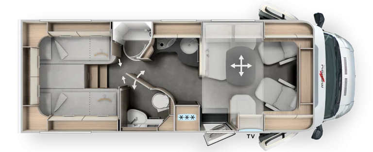 Grundriss des Malibu Edition+ T 490 RB-LE comfort mit Längseinzelbetten, Küche, Bad und Sitzgruppe